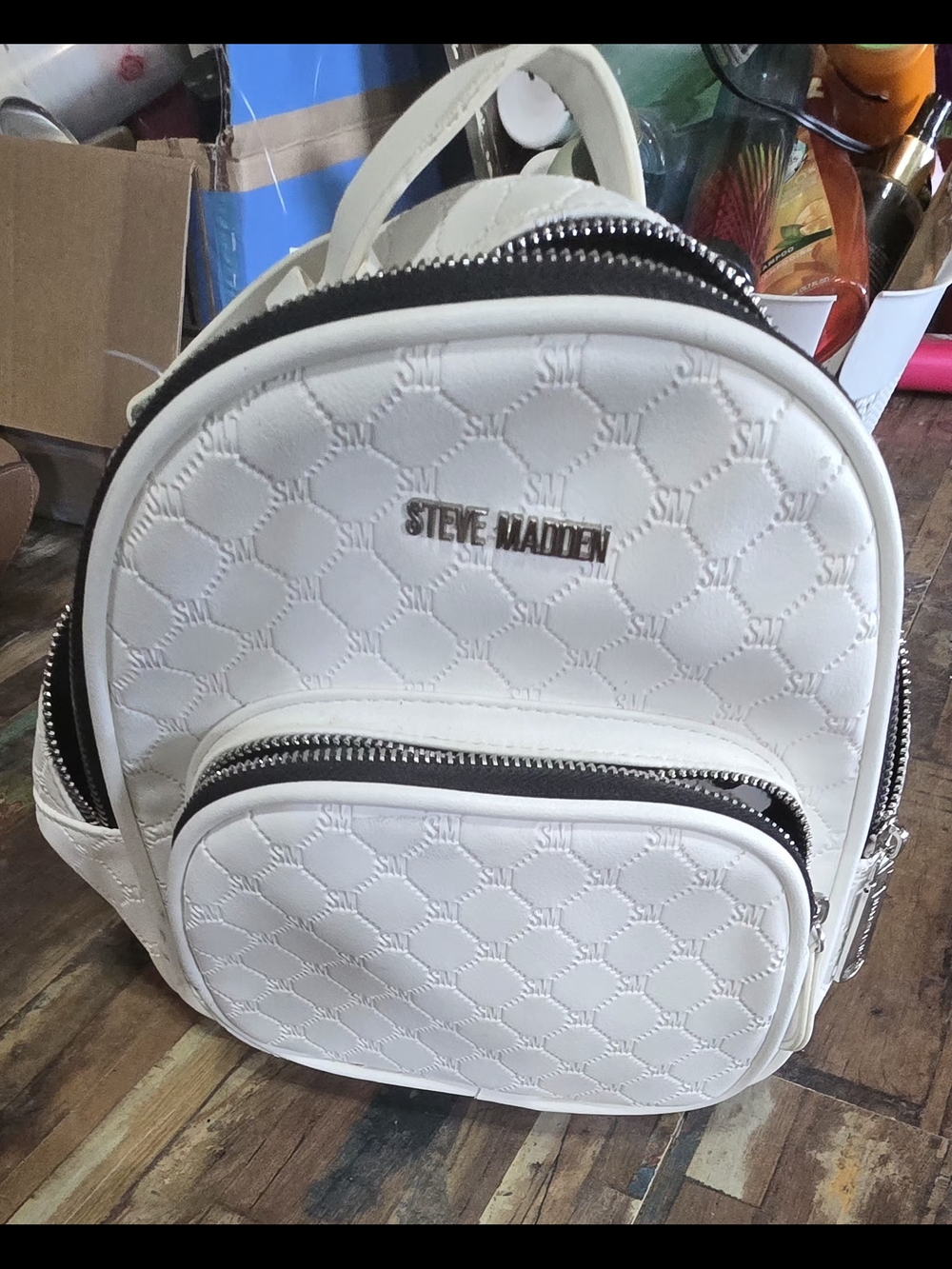 Steve Madden Cream Quilted Mini Backpack with Silver Hardware